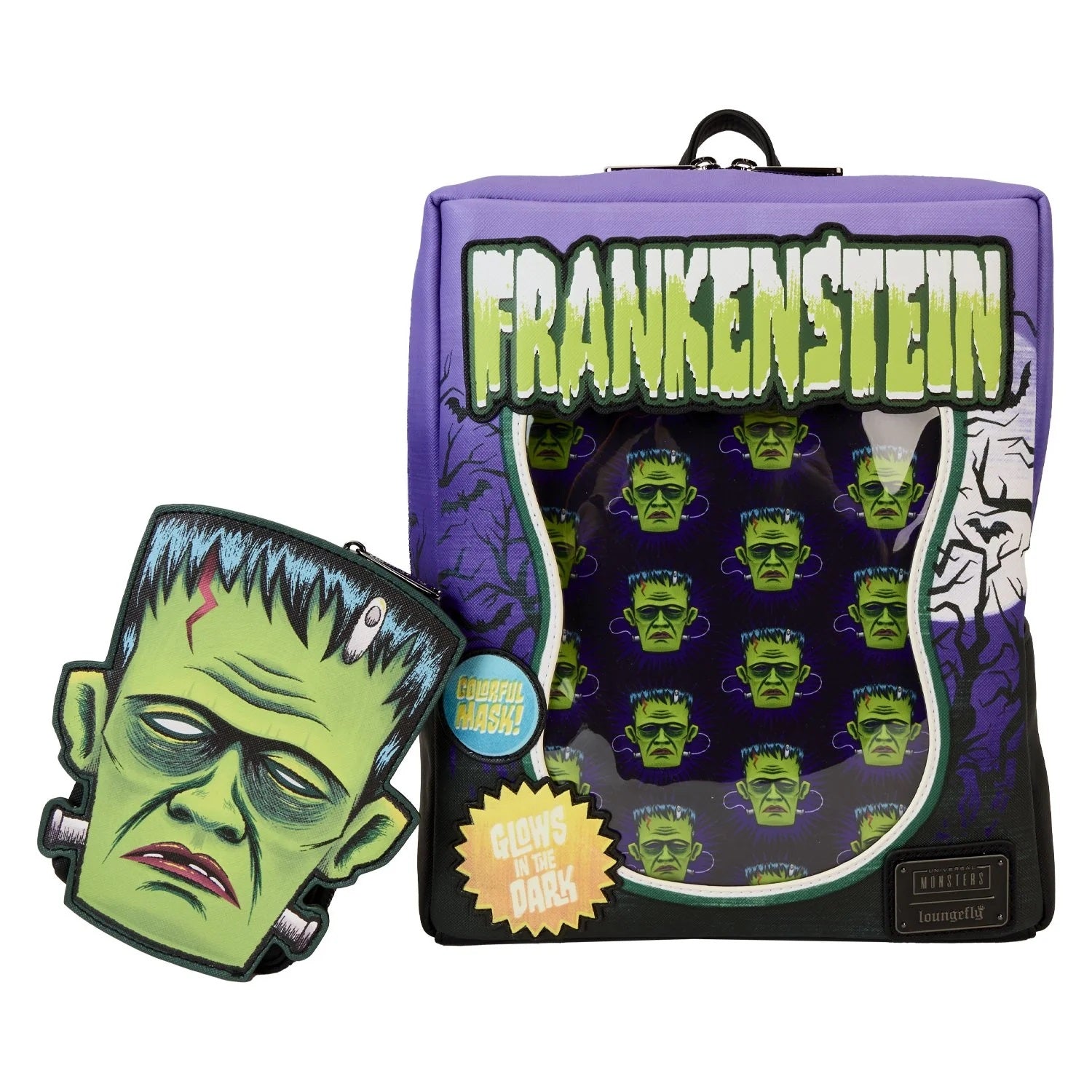Loungefly x Universal Monsters Frankenstein Mask Glow Mini Backpack With Coin Bag - Fugitive Toys